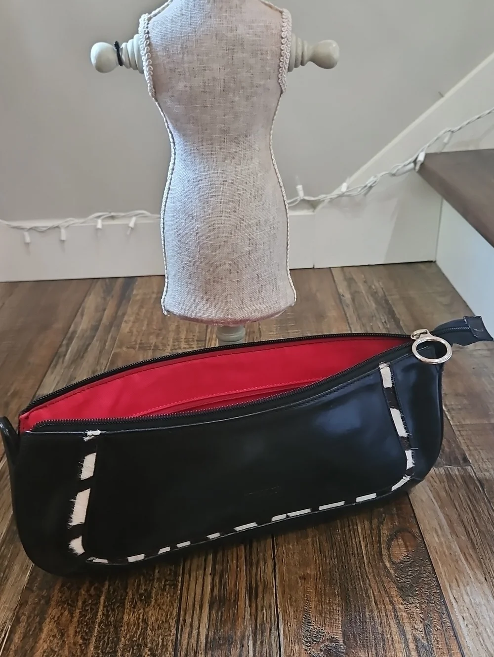 Claudia Pirenze Italian Leather /‎ Calf Hair Black Clutch with Zebra-Trim Accent